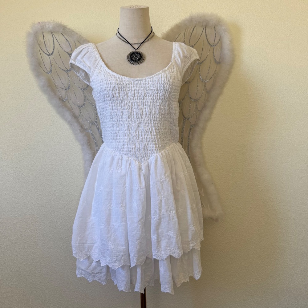 Girly Grunge White Smocked Eyelet Tiered Mini Dress Drop Waist Cottagecore